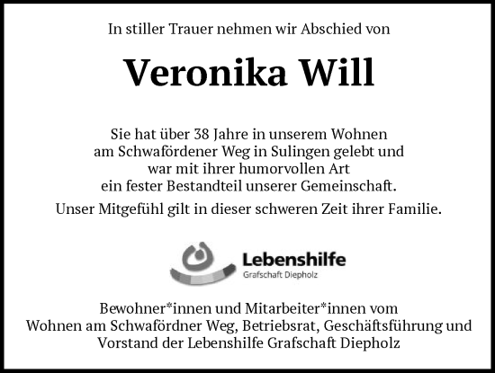 Traueranzeige von Veronika Will von SYKS