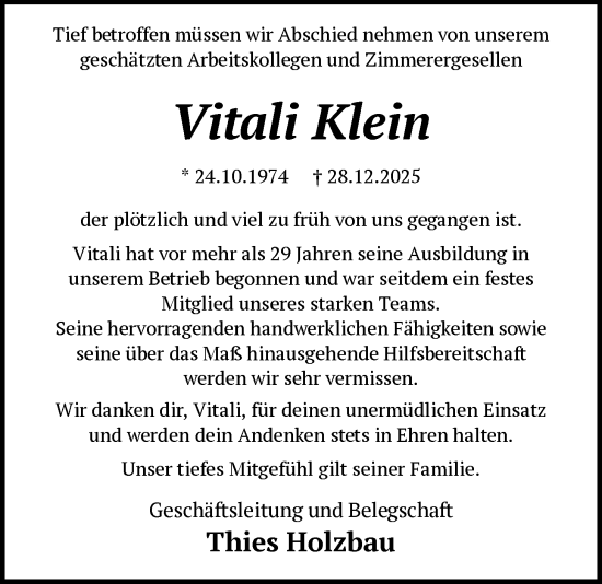 Traueranzeige von Vitali Klein von SYKS