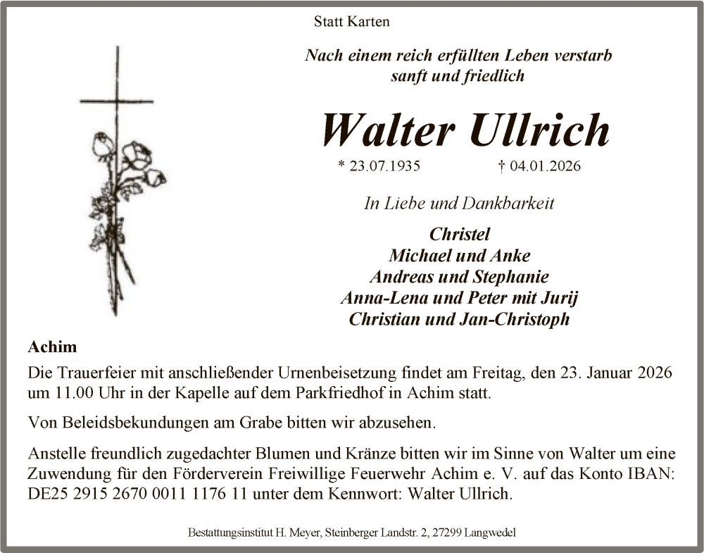  Traueranzeige für Walter Ullrich vom 17.01.2026 aus SYKS
