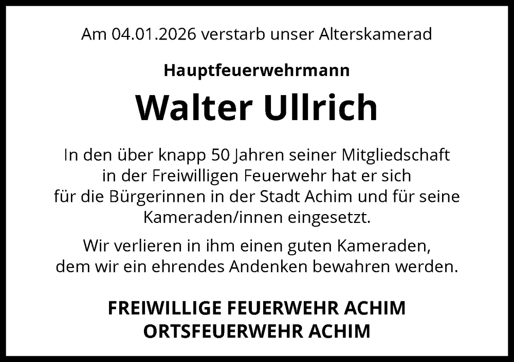  Traueranzeige für Walter Ullrich vom 17.01.2026 aus SYKS