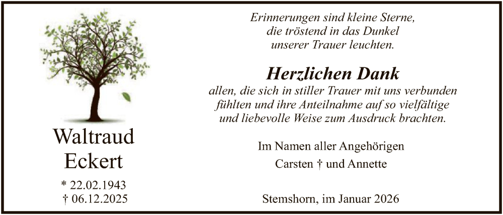  Traueranzeige für Waltraud Eckert vom 31.01.2026 aus SYKS