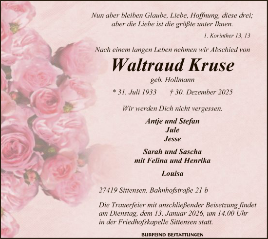 Traueranzeige von Waltraud Kruse von SYKR