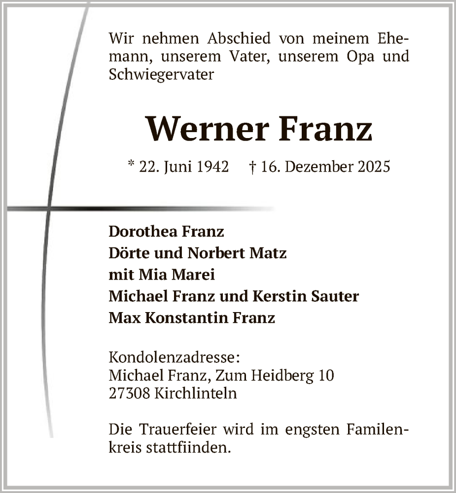  Traueranzeige für Werner Franz vom 17.01.2026 aus SYKS