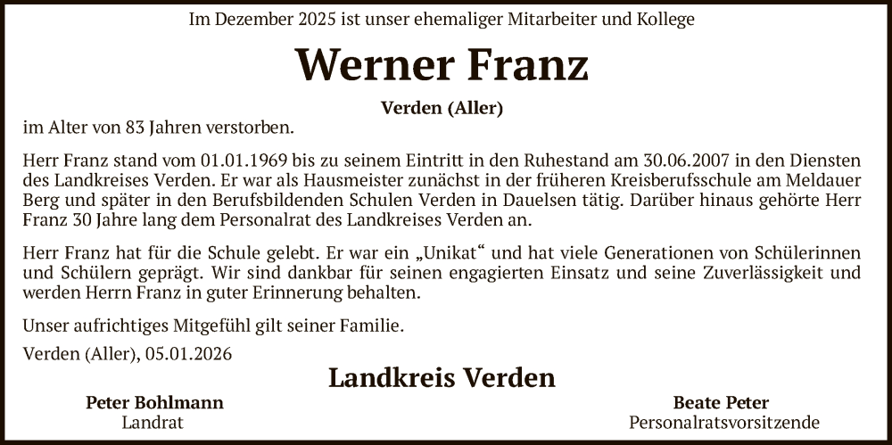  Traueranzeige für Werner Franz vom 17.01.2026 aus SYKS
