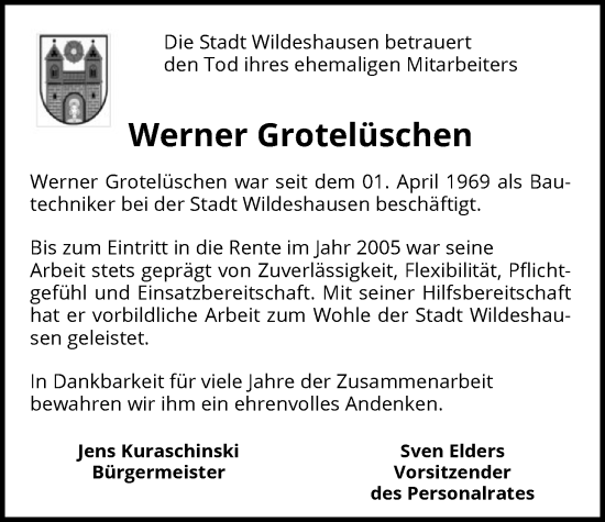 Traueranzeige von Werner Grotelüschen von SYWZ
