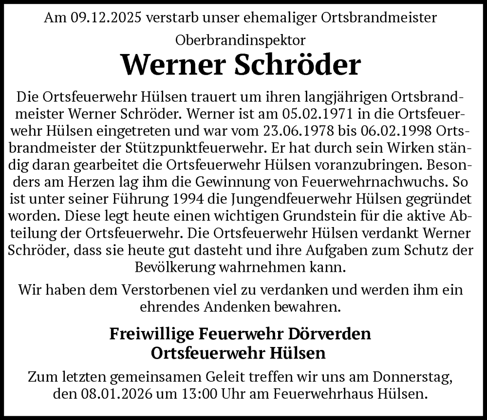  Traueranzeige für Werner Schröder vom 03.01.2026 aus SYKS