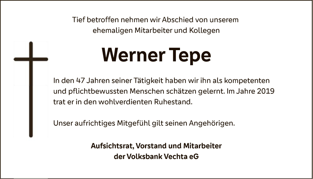  Traueranzeige für Werner Tepe vom 09.01.2026 aus SYKS