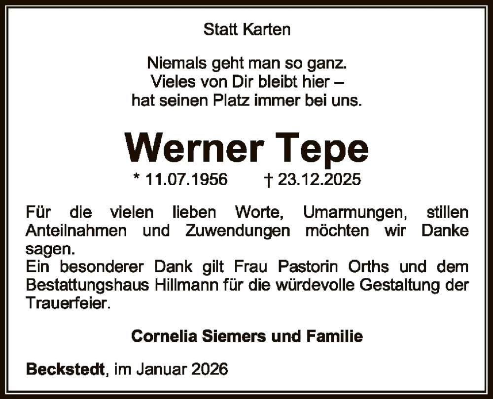  Traueranzeige für Werner Tepe vom 31.01.2026 aus SYKSSYWZ