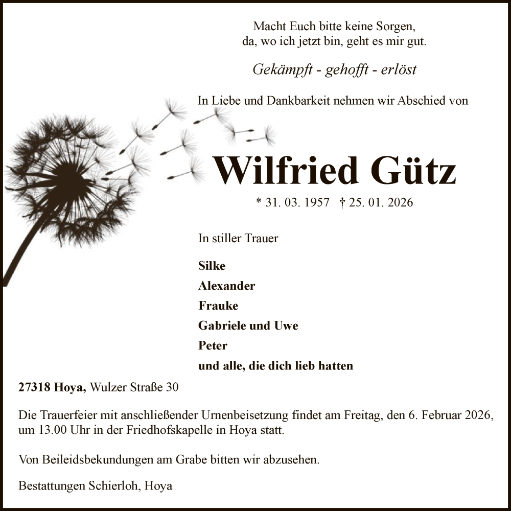  Traueranzeige für Wilfried Gütz vom 31.01.2026 aus SYKS