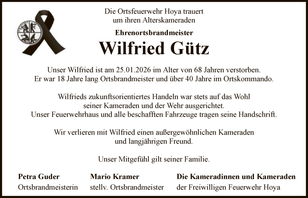  Traueranzeige für Wilfried Gütz vom 31.01.2026 aus SYKS