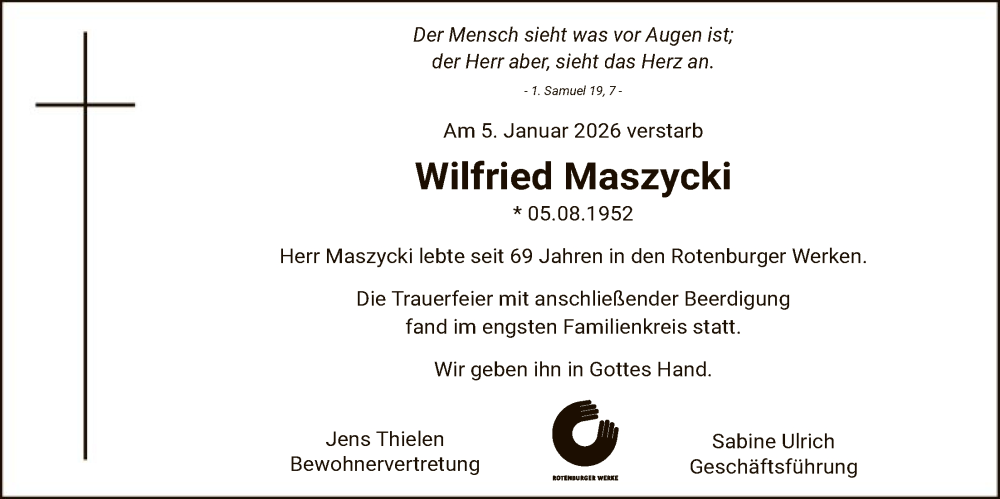  Traueranzeige für Wilfried Maszycki vom 24.01.2026 aus SYKR