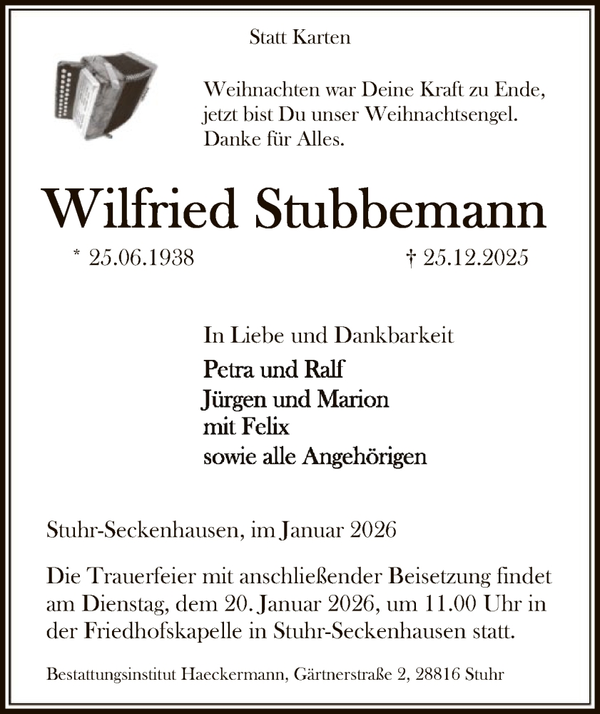  Traueranzeige für Wilfried Stubbemann vom 10.01.2026 aus SYKS
