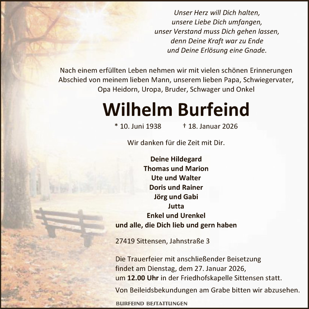  Traueranzeige für Wilhelm Burfeind vom 24.01.2026 aus SYKR