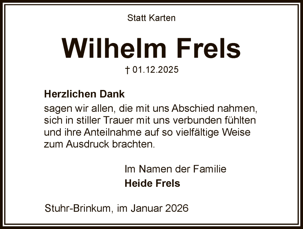  Traueranzeige für Wilhelm Frels vom 17.01.2026 aus SYKS