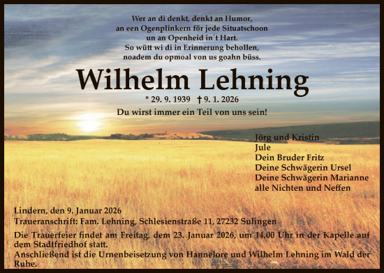 Traueranzeige von Wilhelm Lehning von SYKS