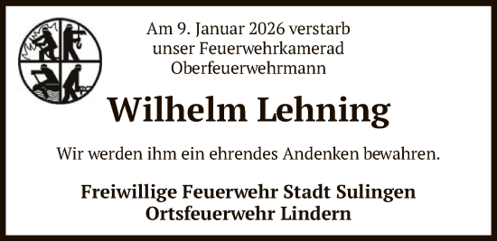 Traueranzeige von Wilhelm Lehning von SYKS
