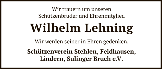 Traueranzeige von Wilhelm Lehning von SYKS