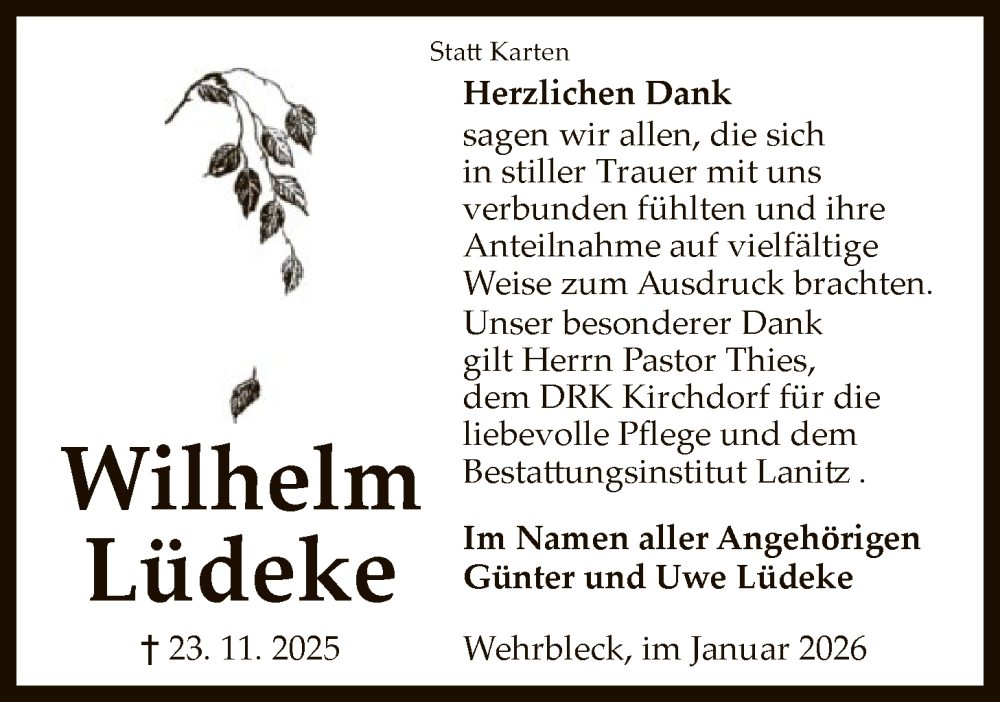  Traueranzeige für Wilhelm Lüdeke vom 03.01.2026 aus SYKS