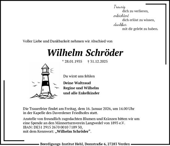 Traueranzeige von Wilhelm Schröder von SYKS