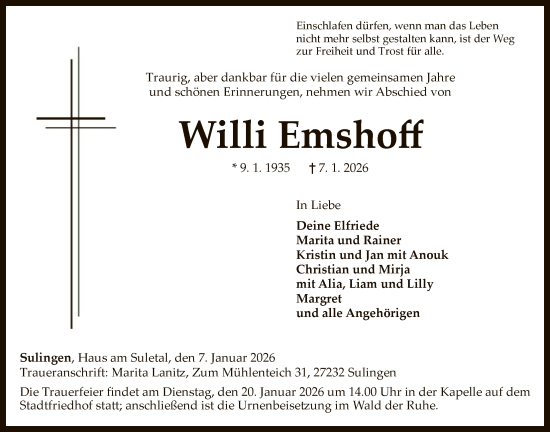 Traueranzeige von Willi Emshoff von SYKS