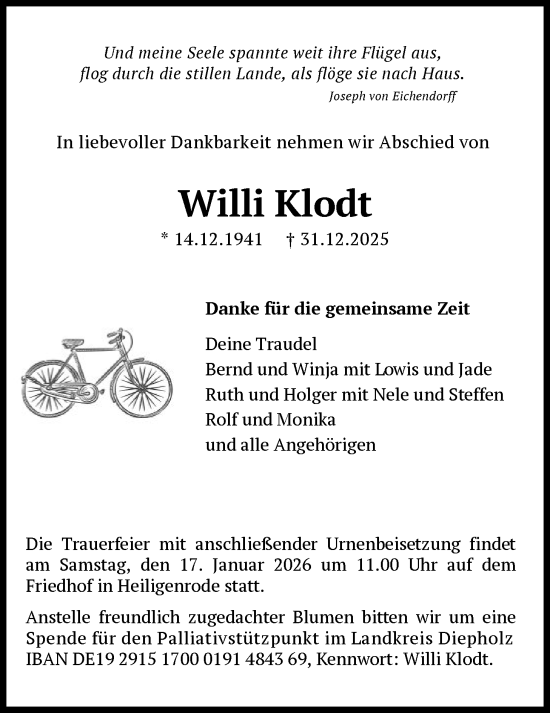 Traueranzeige von Willi Klodt von SYKS