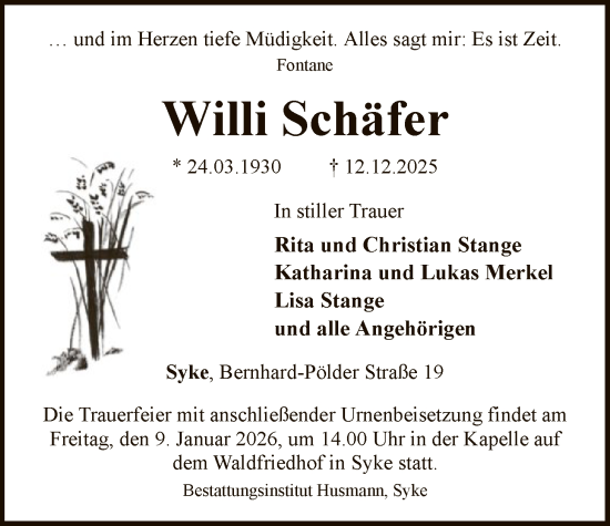 Traueranzeige von Willi Schäfer von SYKS