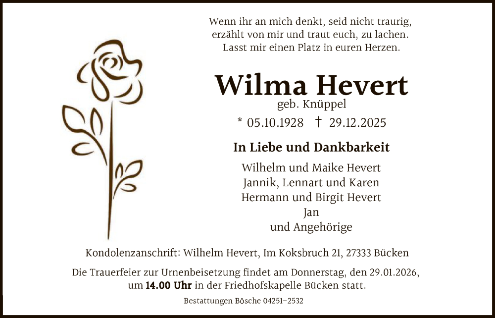  Traueranzeige für Wilma Hevert vom 10.01.2026 aus SYKS