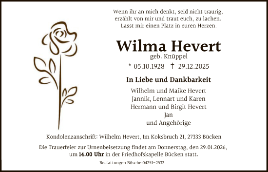 Traueranzeige von Wilma Hevert von SYKS