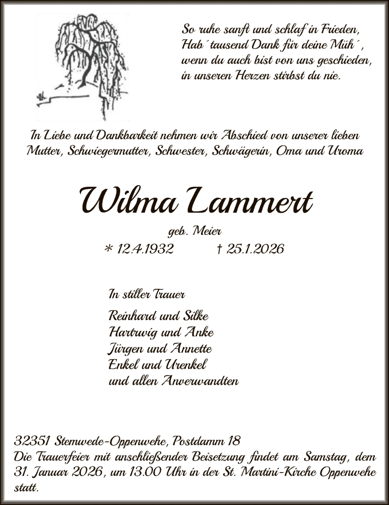  Traueranzeige für Wilma Lammert vom 28.01.2026 aus SYKS