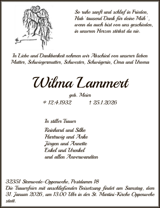 Traueranzeige von Wilma Lammert von SYKS