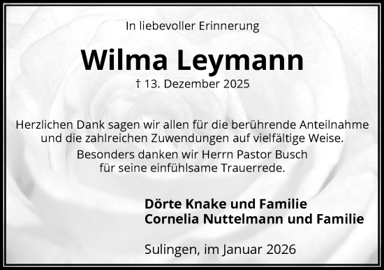 Traueranzeige von Wilma Leymann von SYKS