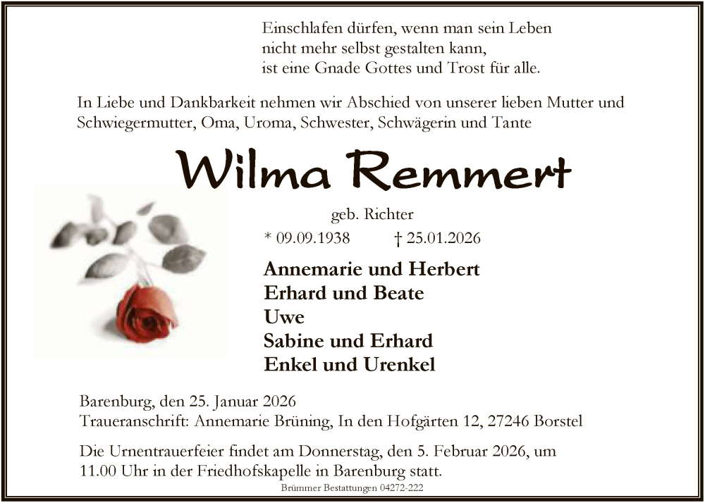  Traueranzeige für Wilma Remmert vom 31.01.2026 aus SYKS