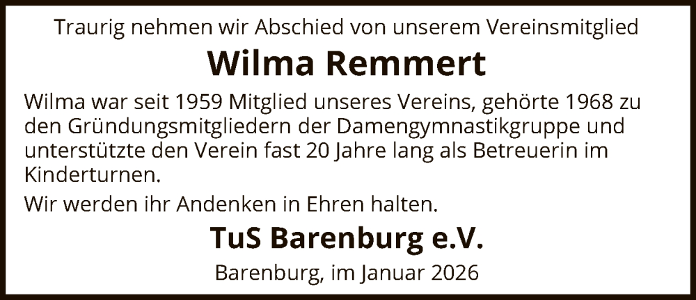  Traueranzeige für Wilma Remmert vom 31.01.2026 aus SYKS
