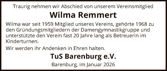 Traueranzeige von Wilma Remmert von SYKS
