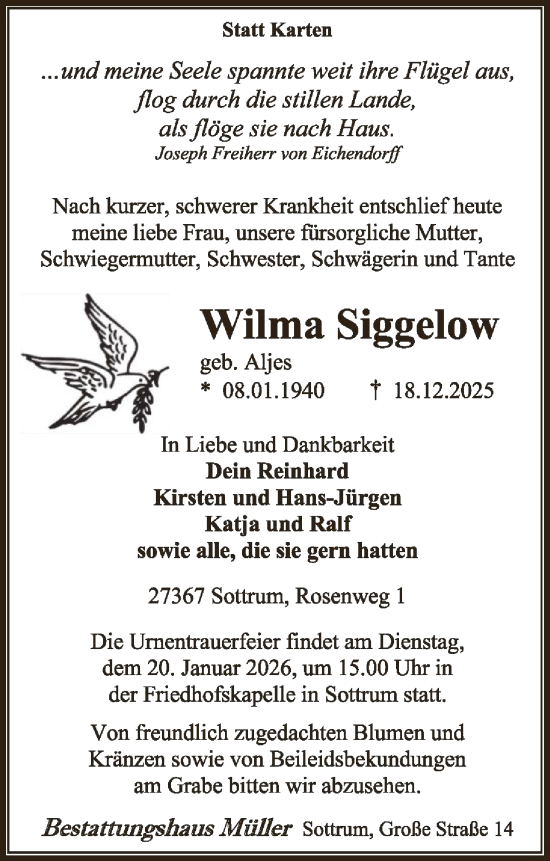 Traueranzeige von Wilma Siggelow von SYKR