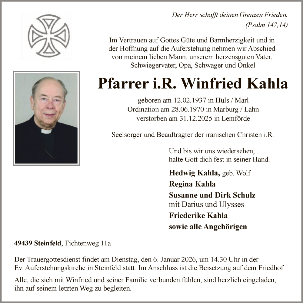  Traueranzeige für Winfried Kahla vom 03.01.2026 aus SYKS