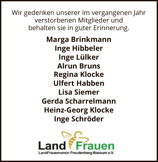 Traueranzeige von Wir gedenken Land Frauen von SYKS