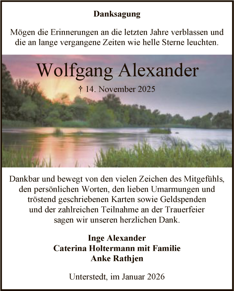  Traueranzeige für Wolfgang  Alexander vom 09.01.2026 aus SYKR