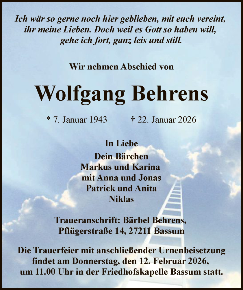  Traueranzeige für Wolfgang Behrens vom 31.01.2026 aus SYKS