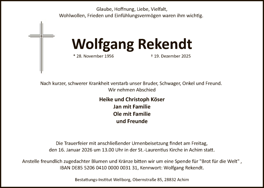  Traueranzeige für Wolfgang Rekendt vom 10.01.2026 aus SYKS