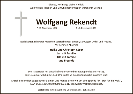 Traueranzeige von Wolfgang Rekendt von SYKS