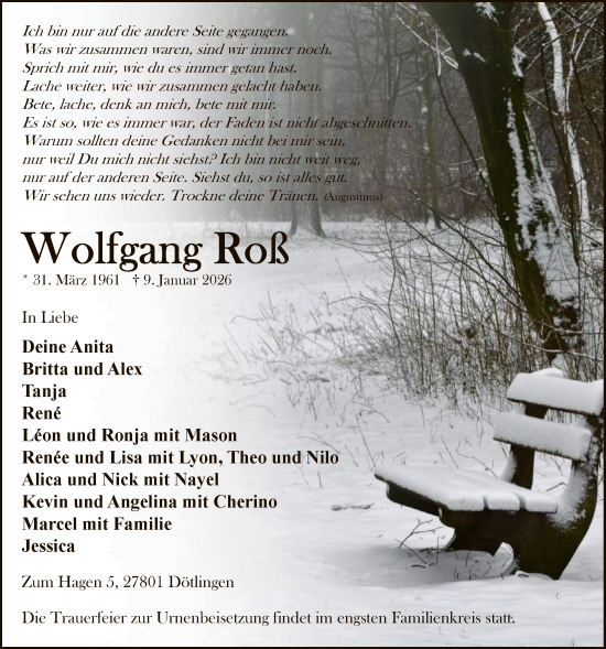 Traueranzeige von Wolfgang Roß von SYWZ