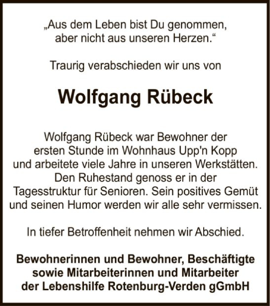 Traueranzeige von Wolfgang Rübeck von SYKR