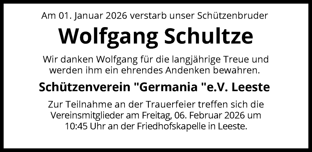  Traueranzeige für Wolfgang Schultze vom 24.01.2026 aus SYKS