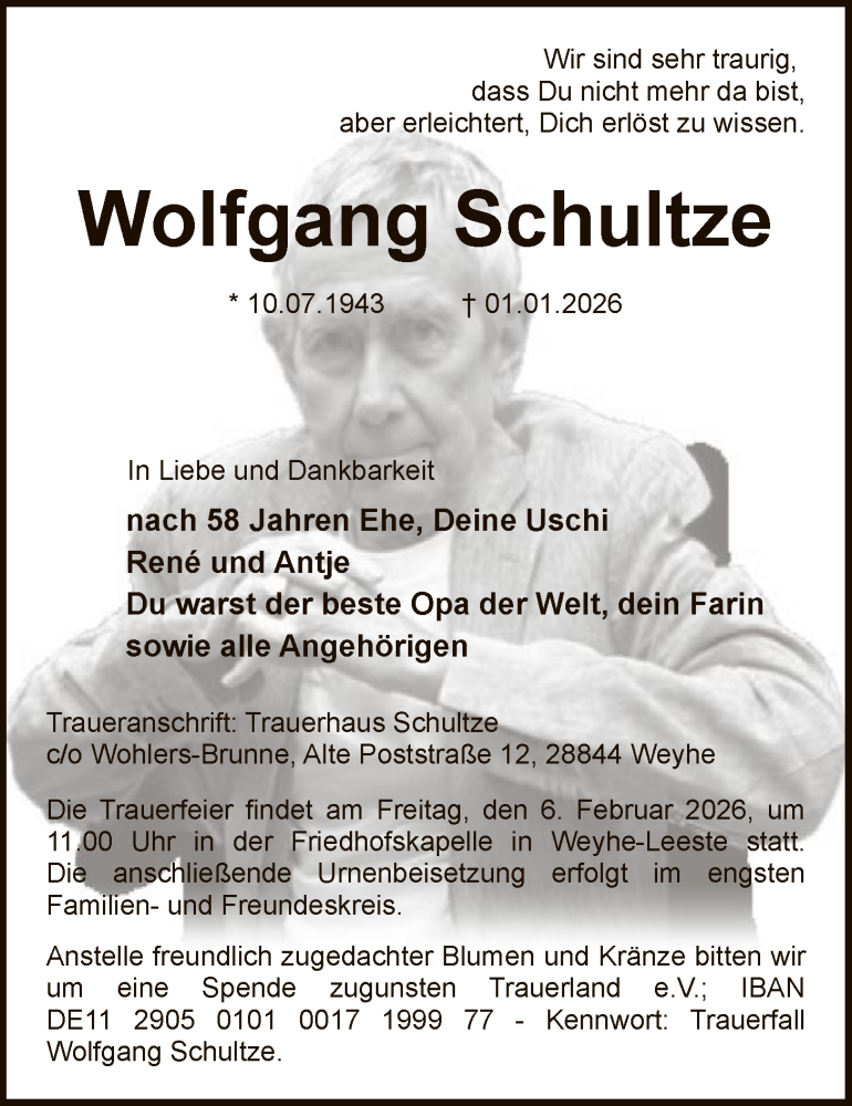  Traueranzeige für Wolfgang Schultze vom 17.01.2026 aus SYKS