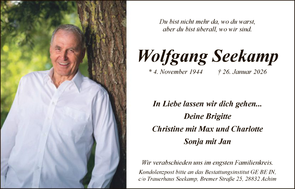  Traueranzeige für Wolfgang Seekamp vom 31.01.2026 aus SYKS
