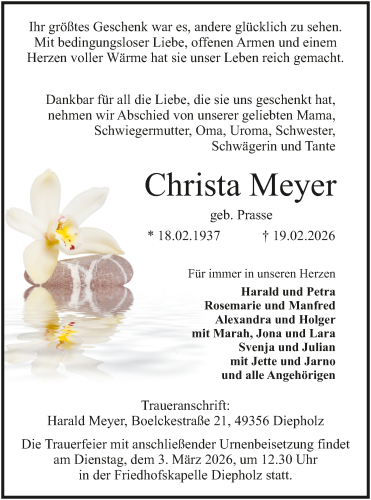  Traueranzeige für Christa Meyer vom 24.02.2026 aus SYKS
