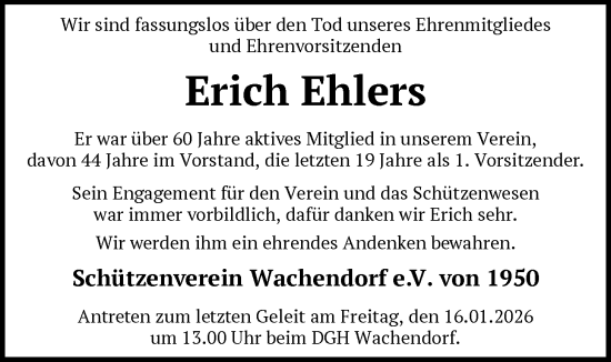 Traueranzeige von Erich Ehlers von SYKS
