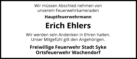 Traueranzeige von Erich Ehlers von SYKS