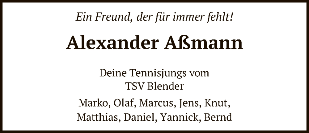  Traueranzeige für Alexander Aßmann vom 04.02.2026 aus SYKS